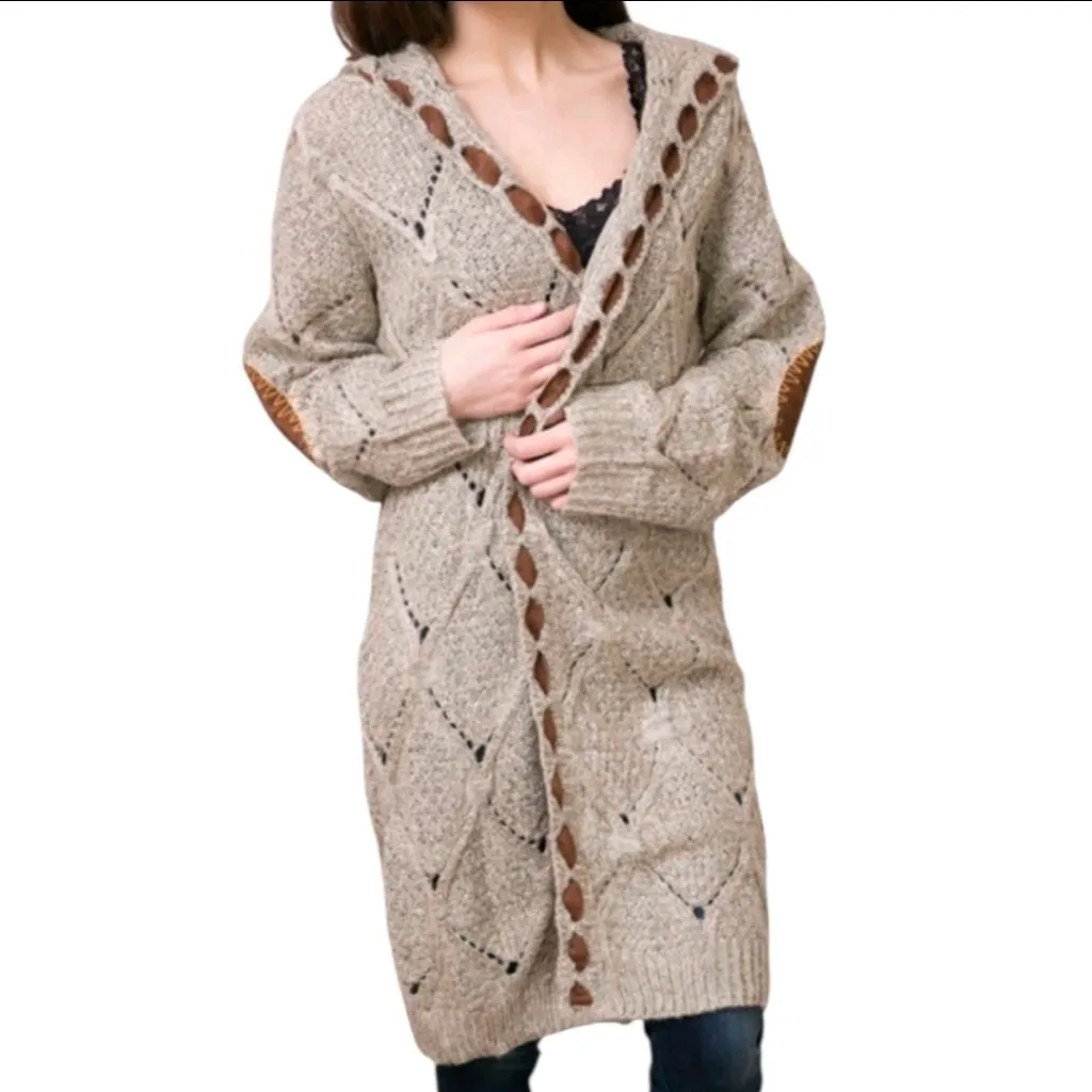 POL Women’s Diamond Eyelet Tan Sweater Cardigan Duster Elbow Patches Boho Size S - Image 11