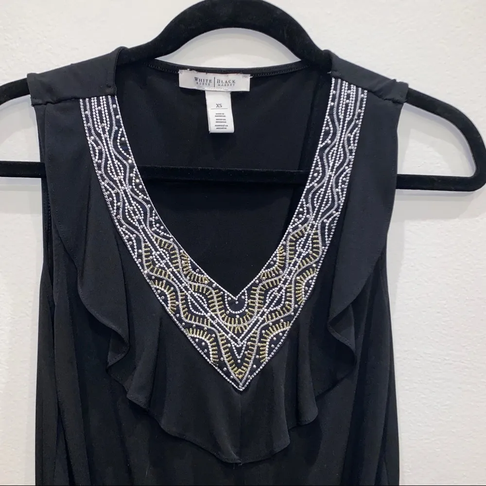 WHBM Black Rhinestone Beaded Metallic Ruffle Tunic Top Size XS - Image 4