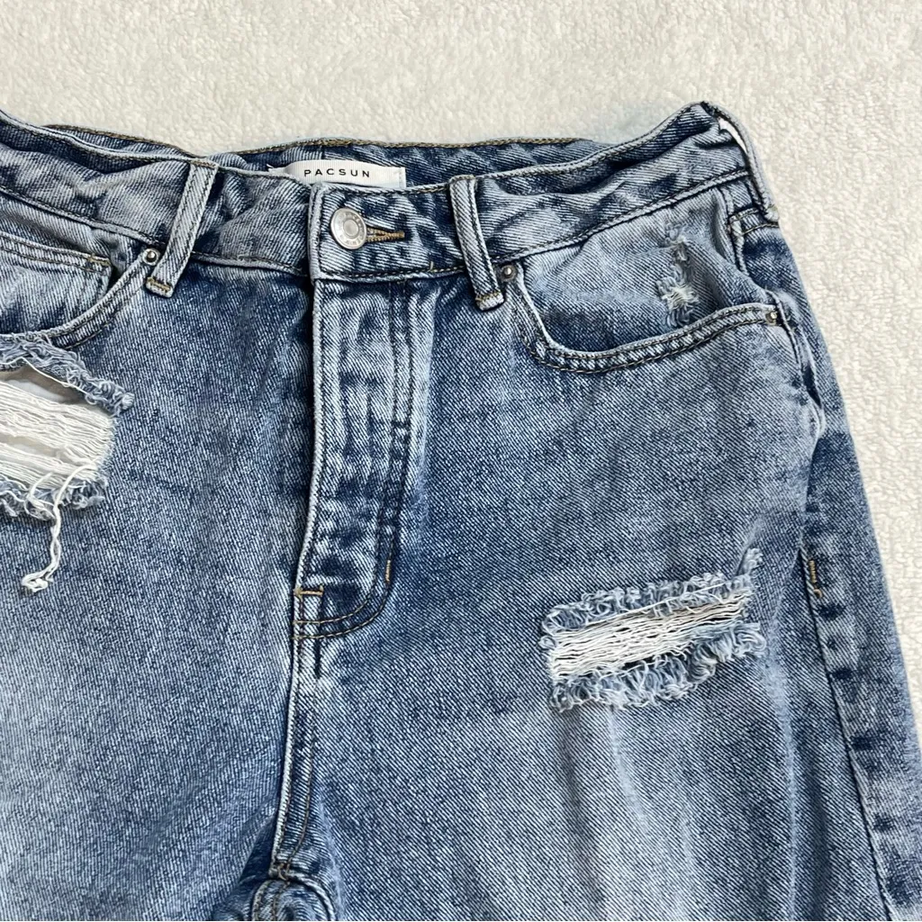 Size 27 PacSun Relaxed Fit Distressed Blue Jeans Mom High Rise Holes Stone Wash - Image 6