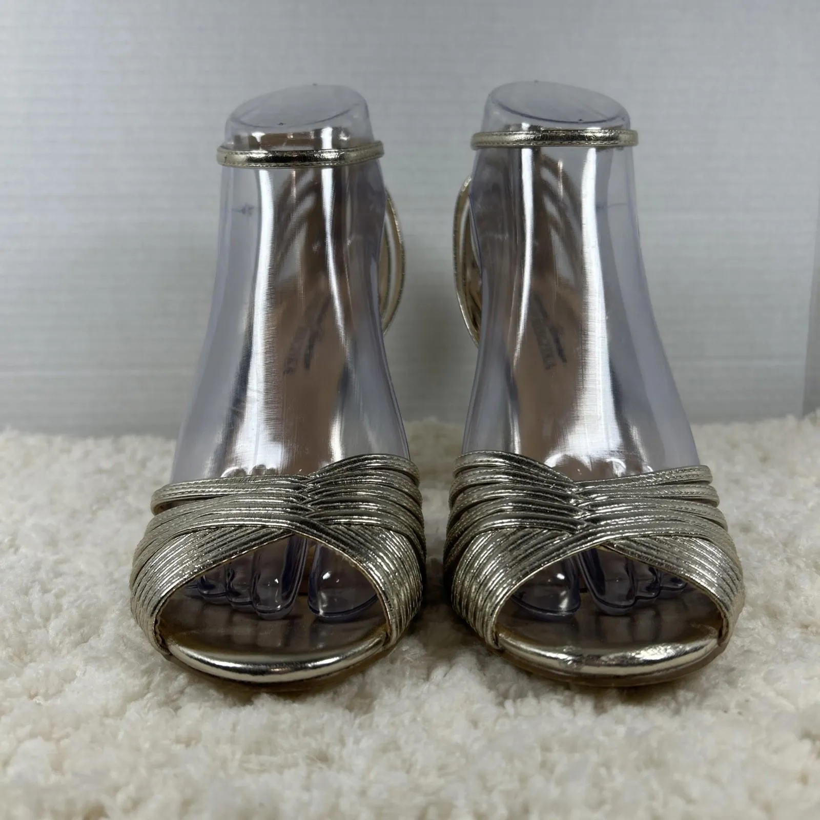 Badgley Mischka American Glamour Strappy Peep Toe High Heels Sandals Gold Sz 7.5 - Image 2