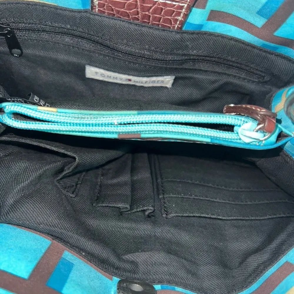 Tommy Hilfiger Tote Bag Purse Handbag Turquoise Blue Brown Signature Print - Image 7