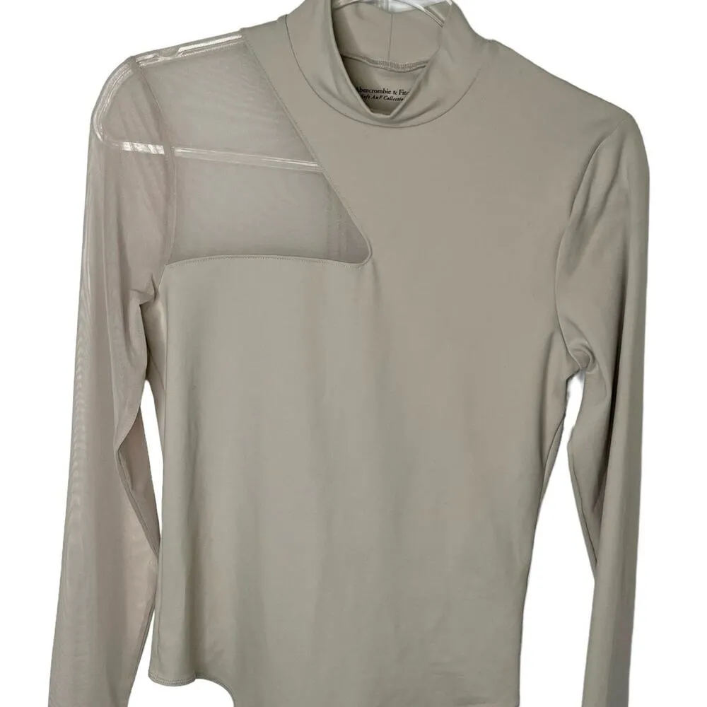 Abercrombie & Fitch Bodysuit Cream Mesh Sleeve Mock Neck L New - Image 14