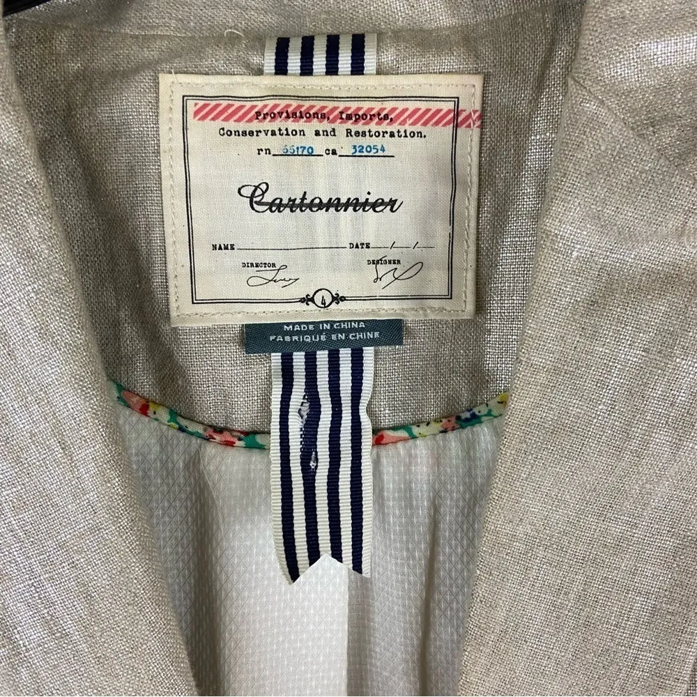 Anthropologie Cartonnier 100% Linen Gold Metallic Shimmer Blazer Jacket Size 4 - Image 3