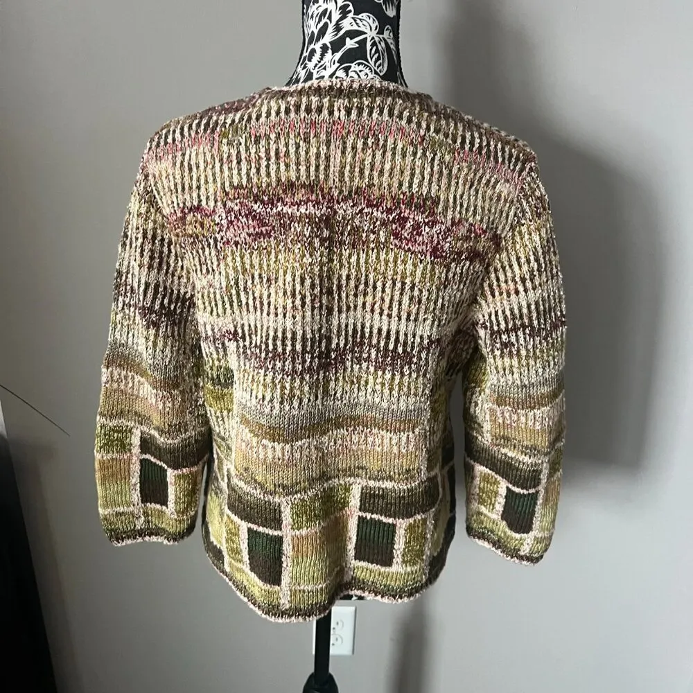 Peruvian Connection Cardigan Pima Cotton Patchwork Floral Button Down Large - Image 7