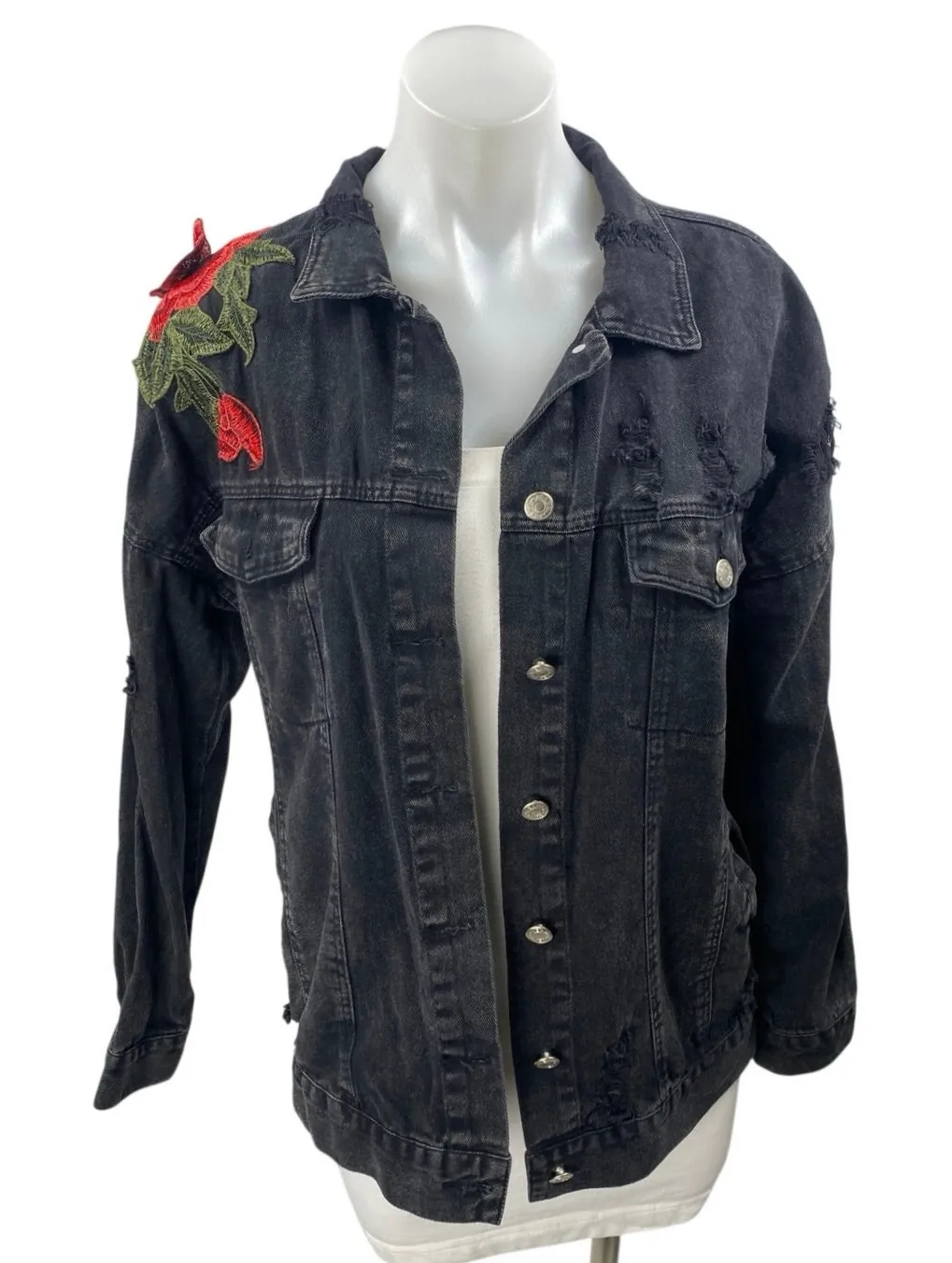 Vera & Lucy Black Floral Embroidered Button Down Distressed Denim Jeans Jacket M - Image 1