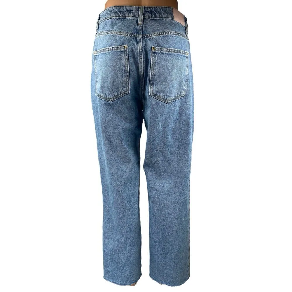 Zara Women's Blue High Rise Straight Wide Leg Frayed Raw Hem Denim Jeans Pants 6 - Image 3