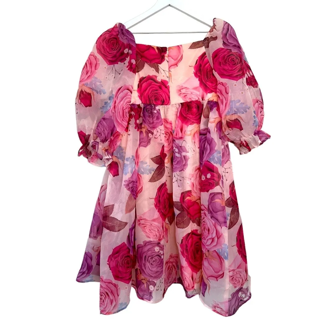 JessaKae Polly Dress Pink Floral Organza Puff Sleeve Size M Size M - Image 5