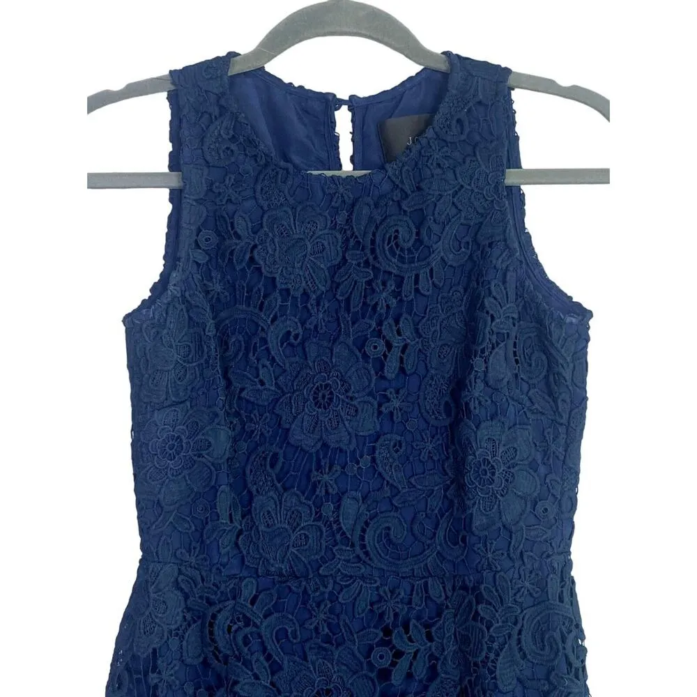 J.Crew Sleeveless Floral Lace Sheath Mini Dress Key Hole Back Zip 00 Navy Blue - Image 3