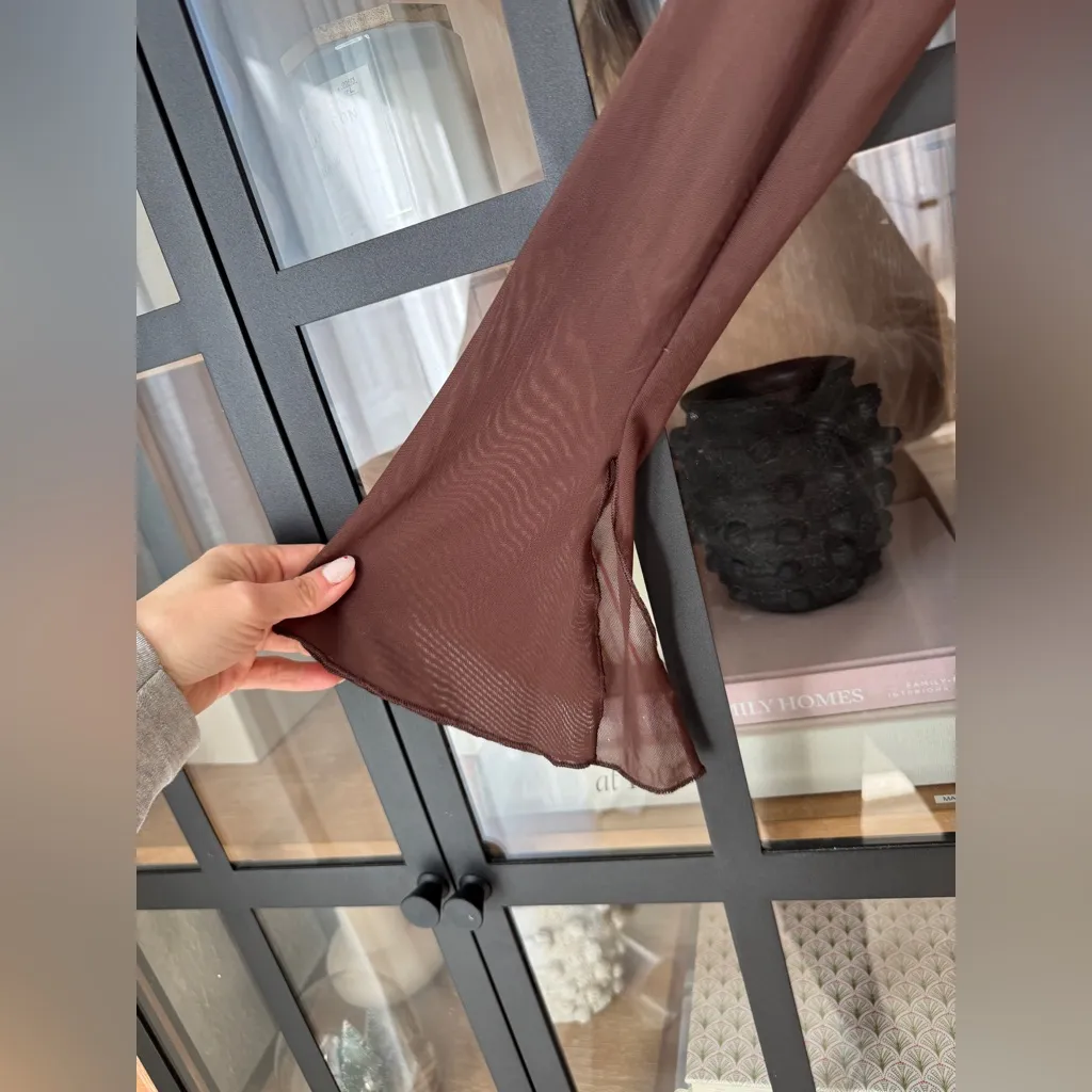 Oh Polly ruched bodycon dress Twist Cut Out Long Sleeve Mini chocolate mesh - Image 10