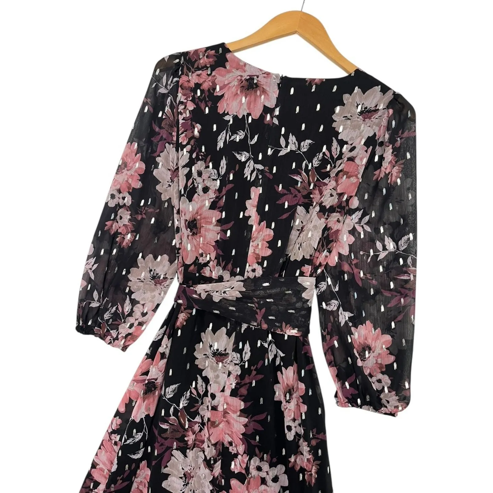 Eliza J Dress Womens 6 Black Pink Floral Maxi Wrap Chiffon Metallic Wimsigoth - Image 14