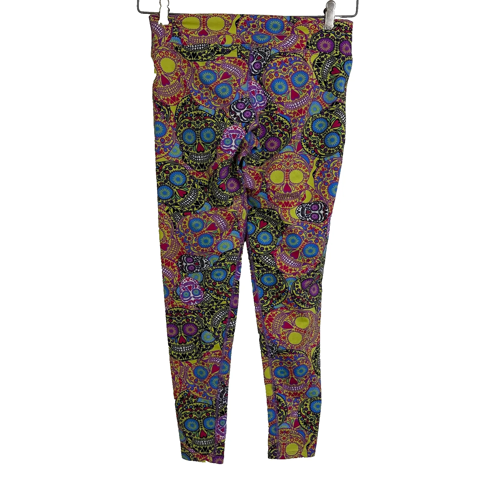 Dona Jo Womens Leggings Large Size 2 Multi Sugar Skulls Artsy Yoga Gym 26" Pink - Image 5