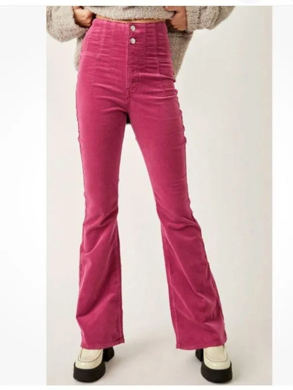 We The Free People Jayde Drawstring Flare Jeans, Size 32, High Rise, Stretch, Fuchsia Pink, Long - Image 2