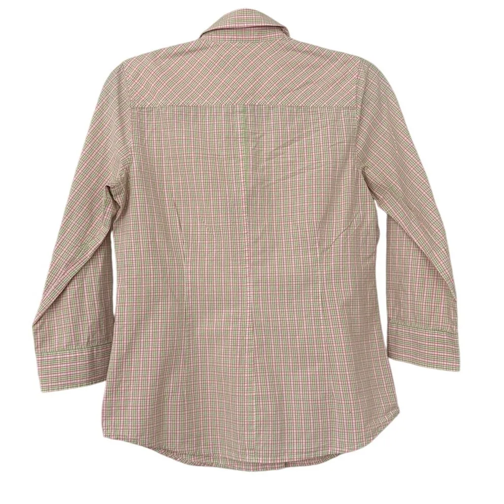 Vineyard Vines Preppy Pink Green Plaid 3/4 Sleeve Button Down Shirt Women's 6 - Image 4