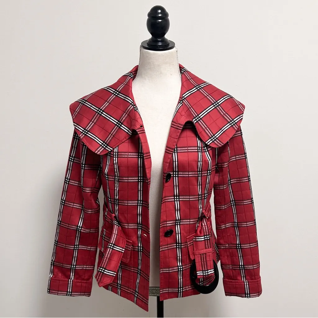 Doncaster Sport Red Black White Plaid Removable Belt Wide Collar Short Jacket 4 - Image 4