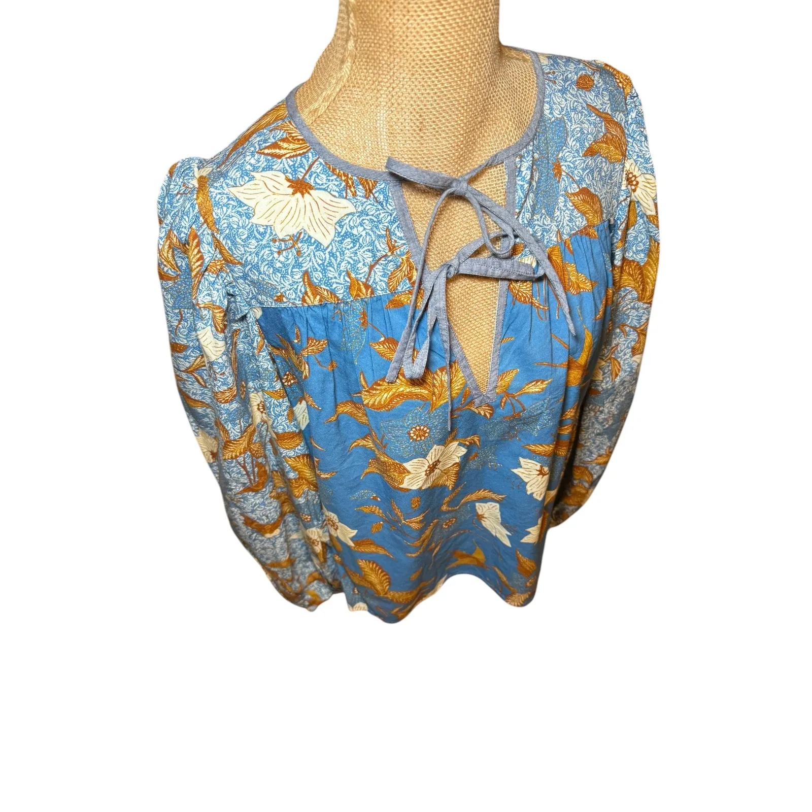 Ulla‎ Johnson Blue Floral Print Tie Neck Peasant Blouse Top Pre Fall 2022 Size 4 - Image 6