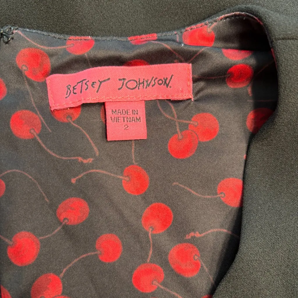Betsey Johnson Black V-Neck Fit & Flare Dress Size 2 Classic Cherry Lining - Image 5