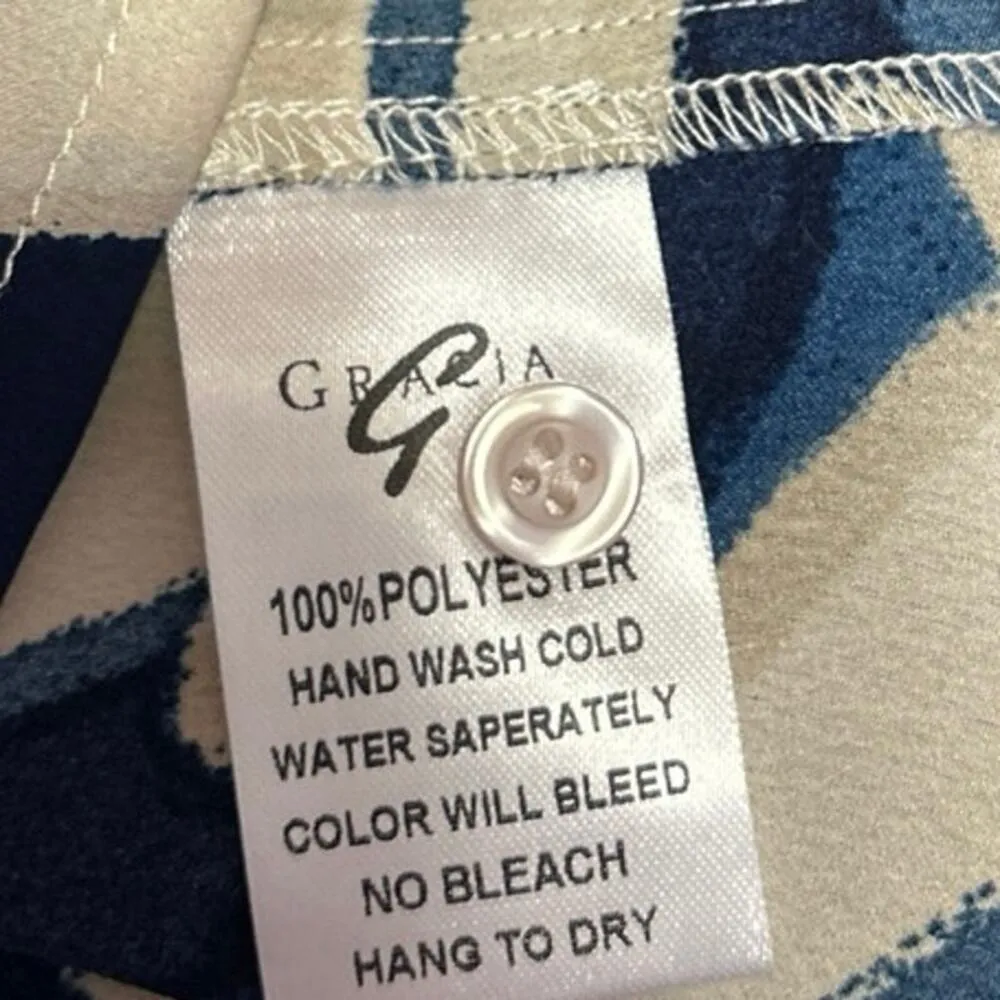 Gracia Blue Cream Satin Silk Animal Print Long Sleeve Button Down Shirt Top Sz L - Image 3