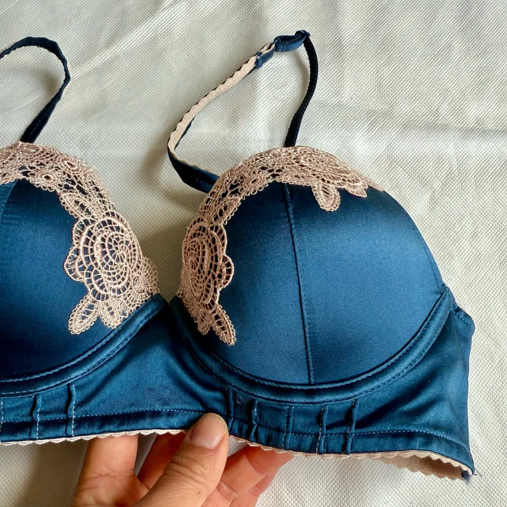 NWOT Elle MacPherson Intimates $105 Blue Silk Demi Bra w/ Lace Trim, Size 34A - Image 2
