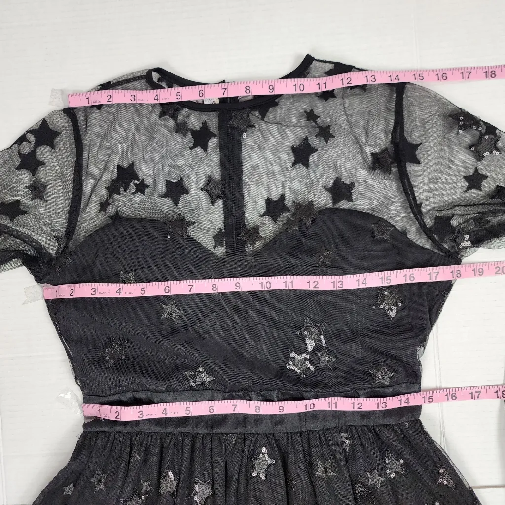 Women Sequin Star Print Black Tulle Dress Mesh See - Image 9