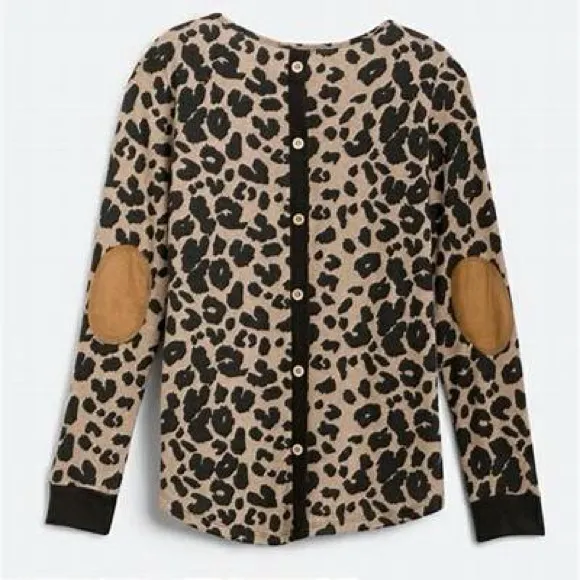 Pink Clover Abby Button Back Knit Top - Leopard with elbow patches - Size S - Image 2