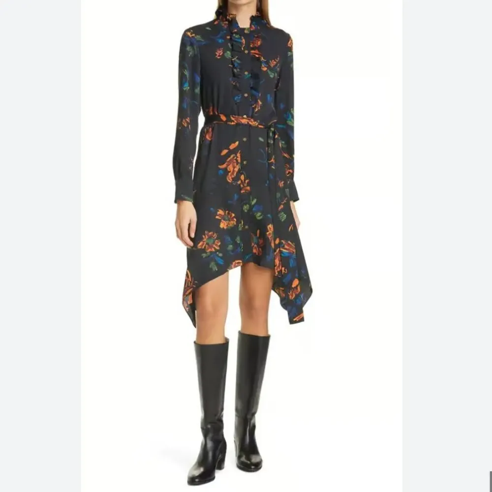 NEW Tory Burch Cora Long Sleeve Dress Asymmetric Hem Ceramic Bouquet Floral 8 - Image 11