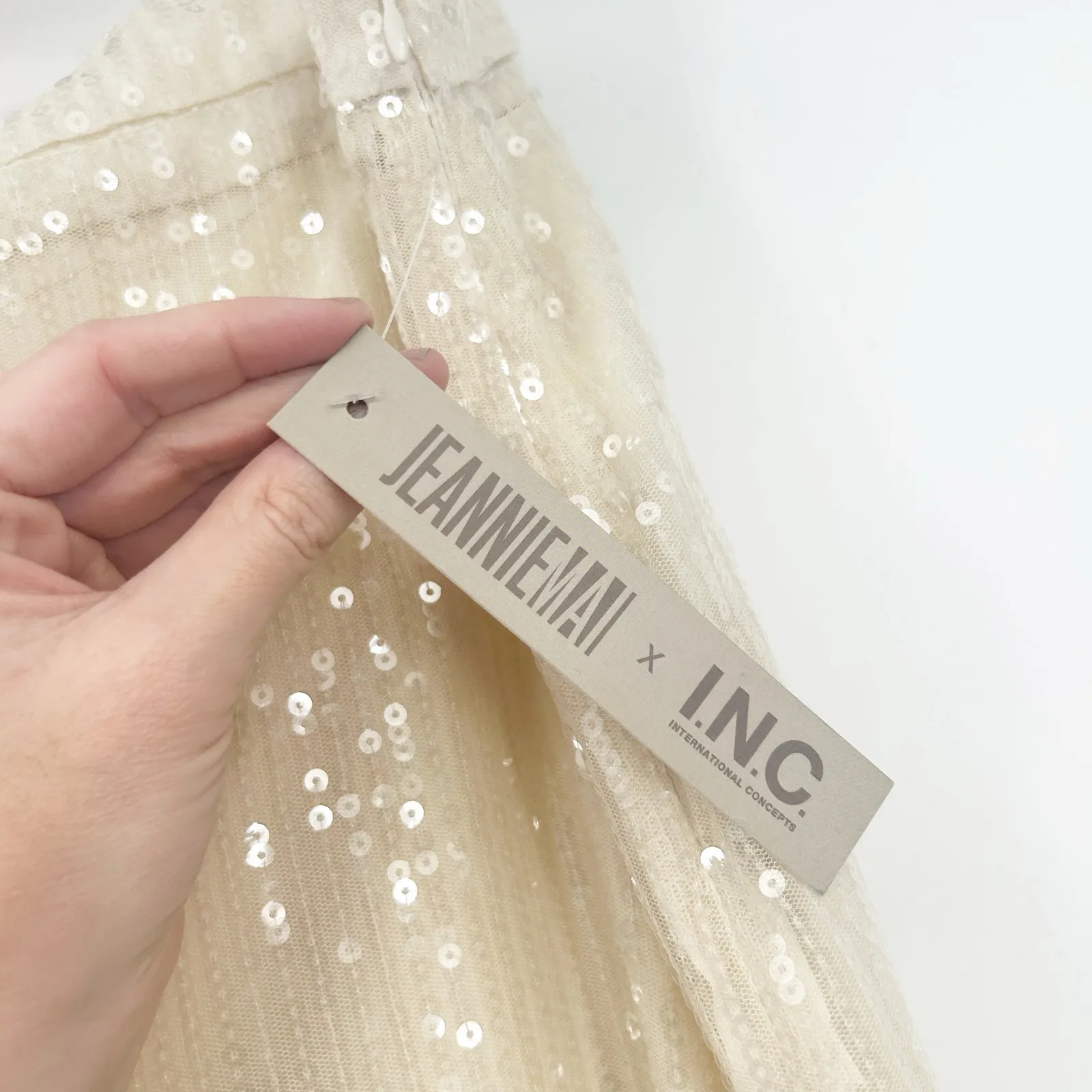 NWT Jeannie Mai X INC Womens Disco Party Sheer Wide‎ Leg Sequin Pants 18W Ivory - Image 8