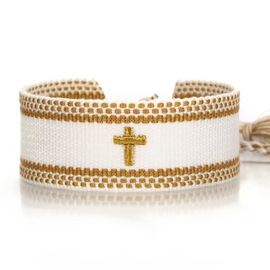 Fashion Bohemian Knitted, tassel bracelet for women with embroidered cross. - Image 2