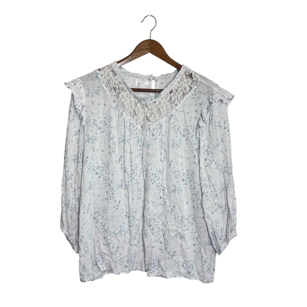 Maurices NWT White Blue Floral Boho Peasant Lace Yoke Flutter 3/4 Sleeve Blouse - Image 4