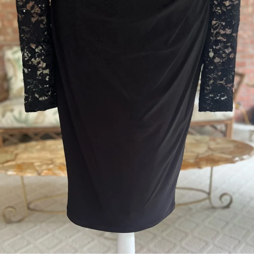 Betsy & Adam Dress Ruched Sequin Black Lace Long Sleeve 4 Cocktail Party LBD - Image 6