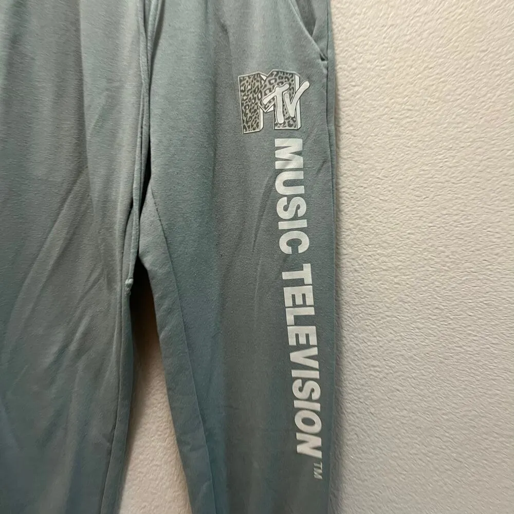 MTV Music Television Sweatpants Jogger Green Stretch Logo Drawstring Sz XS - Image 3