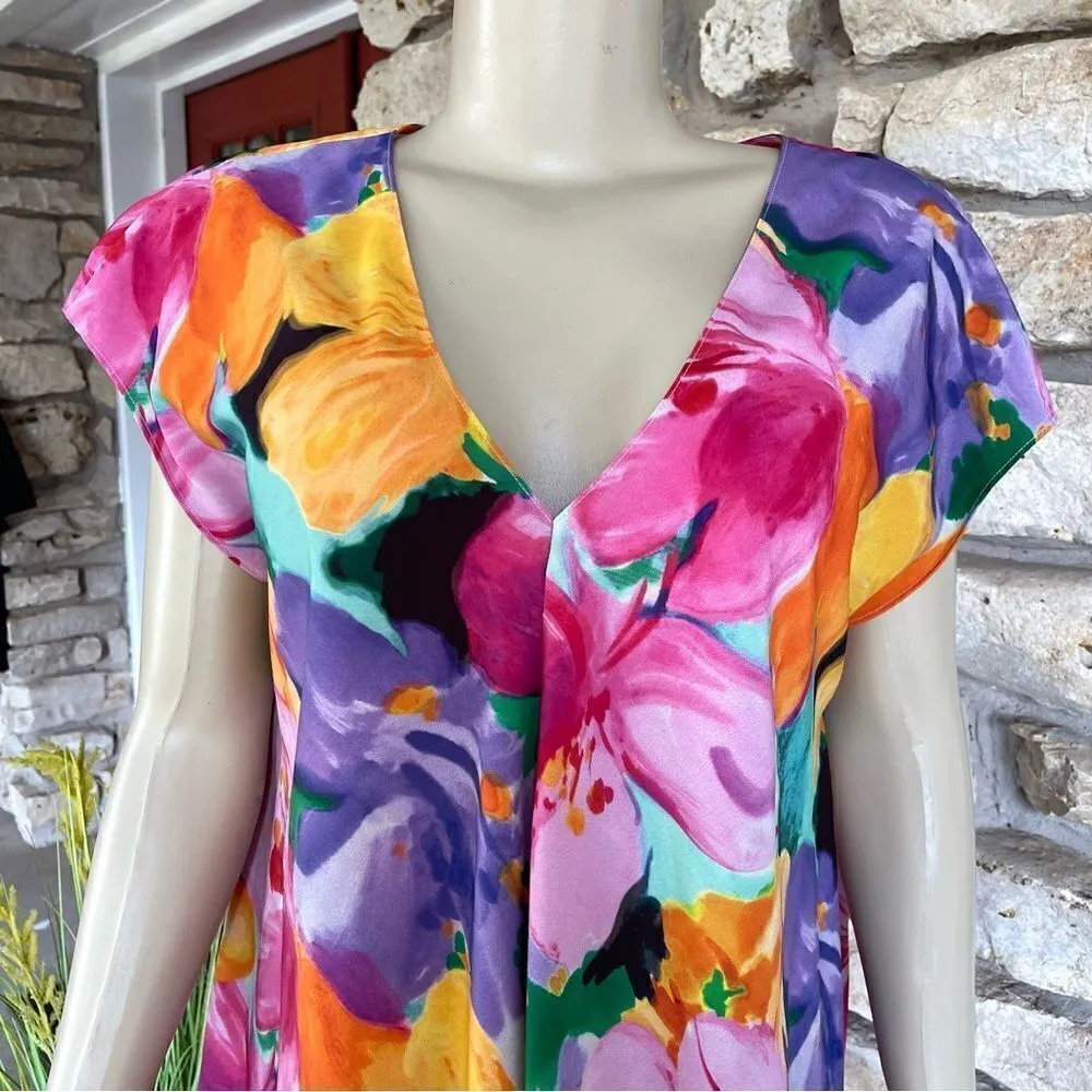 Lauren Ralph Lauren Size Large Watercolor Floral Print Crepe Tunic Blouse - Image 4