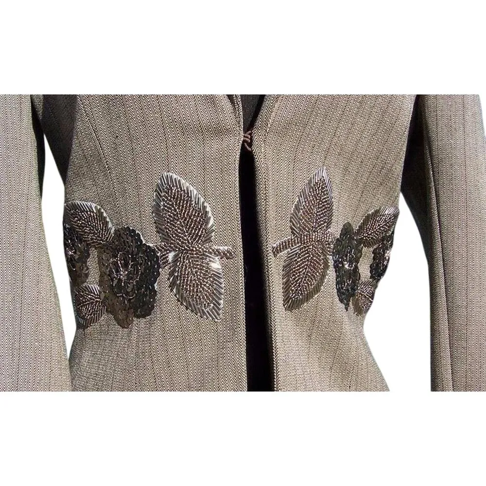 Cache Luxe Brown Oatmeal Elaborate Bead Embellished Lined Suit Jacket $328 NWT - Image 3