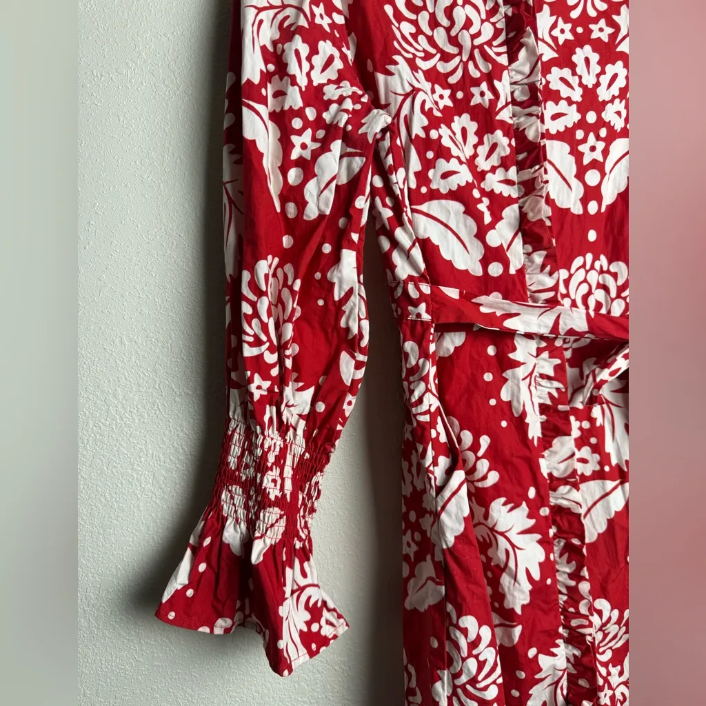 Shop the Mint Medium Long Ruffle Sleeves Red Medallion Print Button‎ Down Dress - Image 2