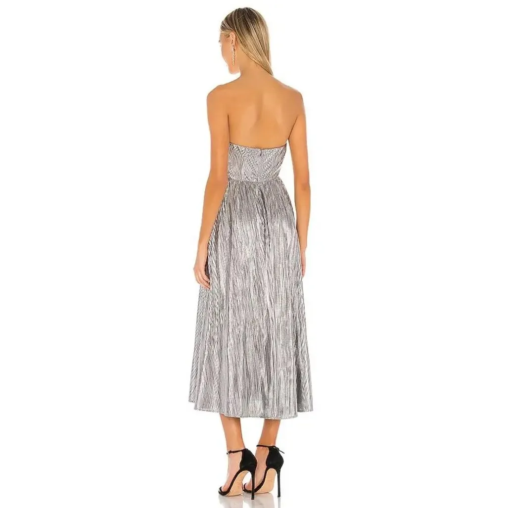 Lovers + Friends Tanya Midi Dress Silver Small Metallic Pleated Rhinestone Strap - Image 15