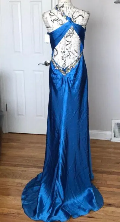 Mermaid High Low Formal Evening Prom Gown Asymmetric Slit Satin Blue Size 12 - Image 2