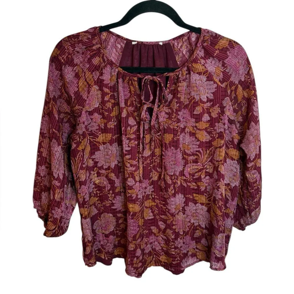 Loft Burgundy Floral Tie Neck Blouse - Image 2