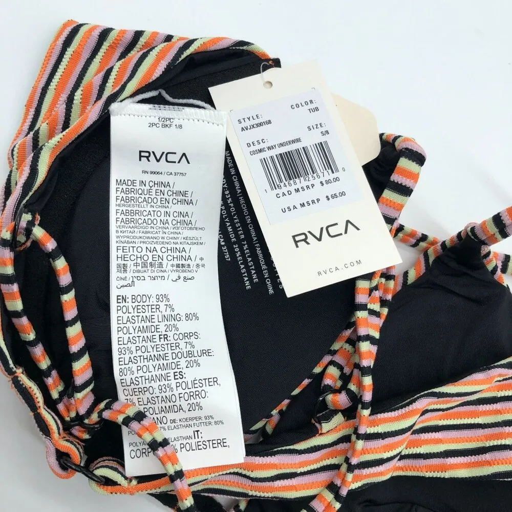 RVCA  Cosmic Way Underwire Bikini Top Removable Padding Striped Orange Black S - Image 5