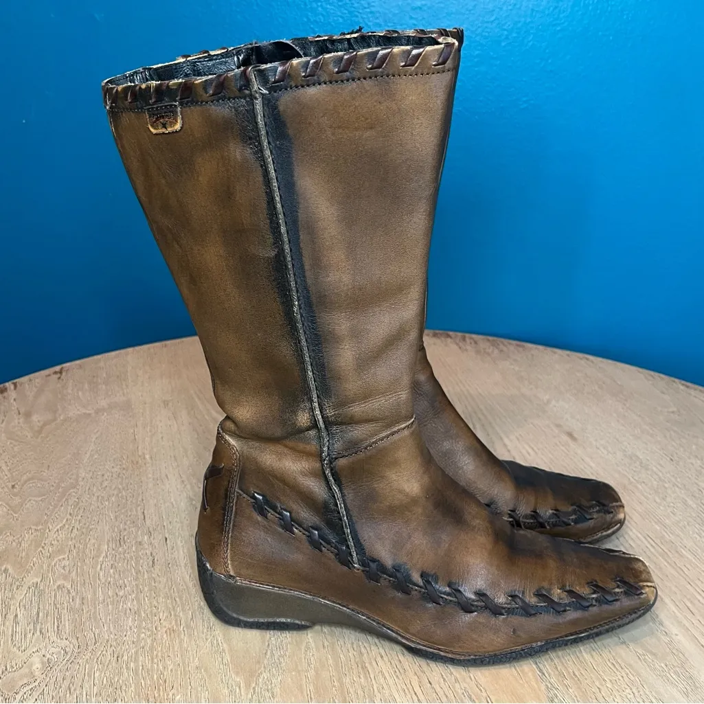 PIKOLINOS Whipstich Brown Leather Square Toe Wedge Boots Size 38 Women’s 7.5 - Image 2