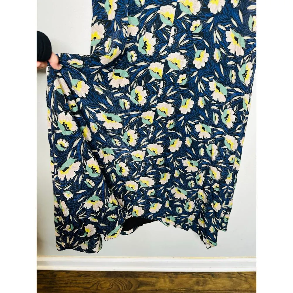 SLATE & WILLOW Blue Floral Printed 100% Silk V-Neckline Maxi Dress Size 8 - Image 7