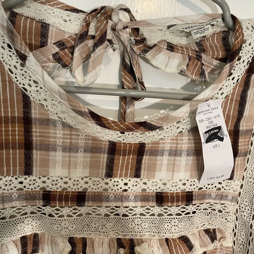 American Eagle Outfitters Brown Plaid Lace Blouse - Image 6