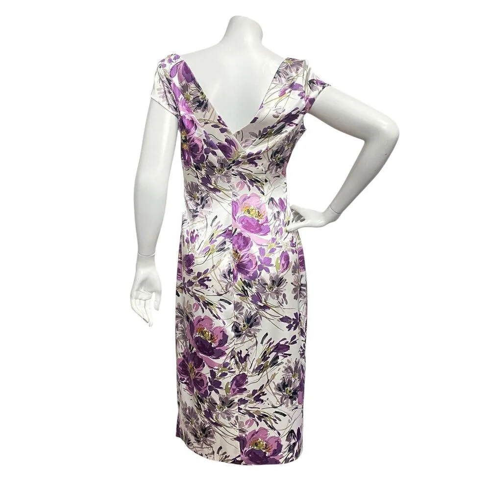 Maggy London Purple Floral Satiny Dress Women’s Size 8 Preppy Romantic Church - Image 4