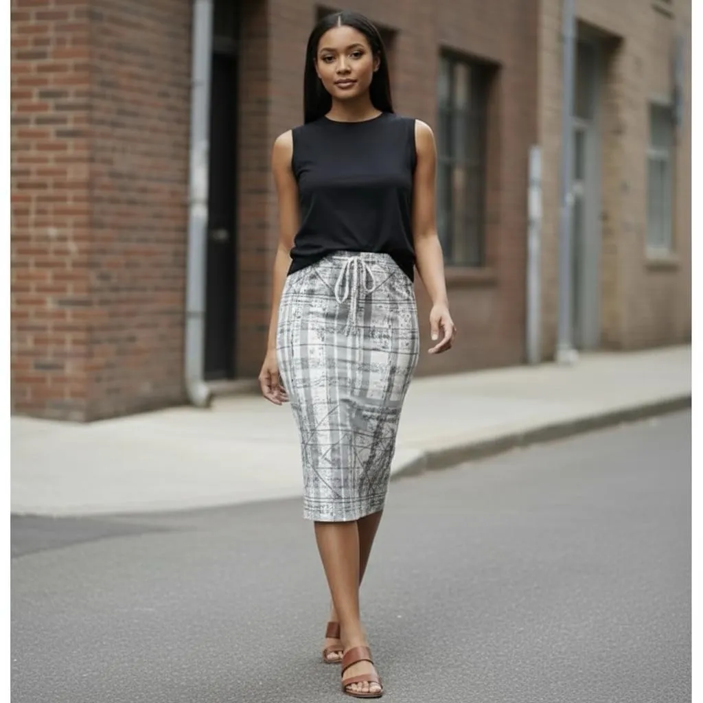 Vintage Y2K Mystique Parachute Nylon stretchy A-Line Skirt Beige Geo Print Sz M - Image 3