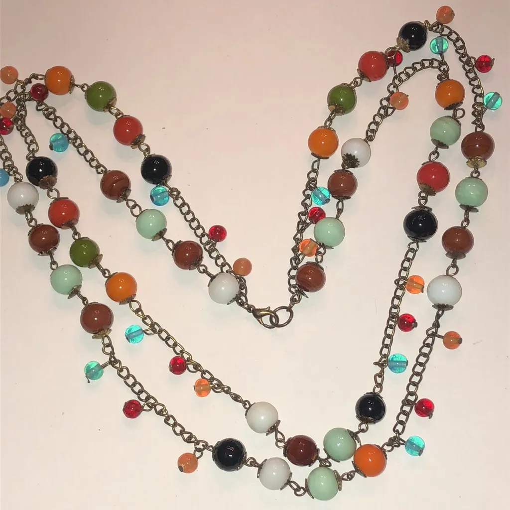Brass Tone Colorful Glass Beaded Boho Necklace Orange - Image 2
