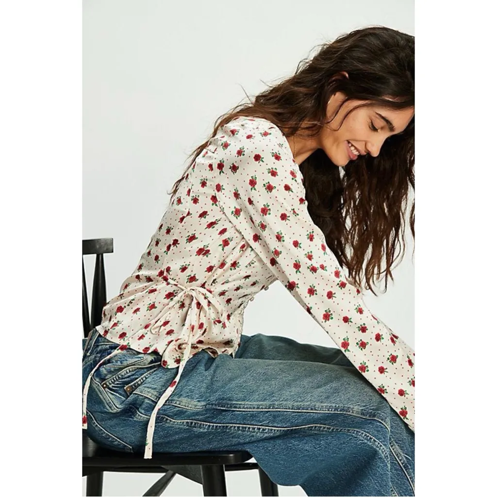 Free People Western Dainty Ethereal Lace Field Of Roses Satin Blouse Size Small - Image 16