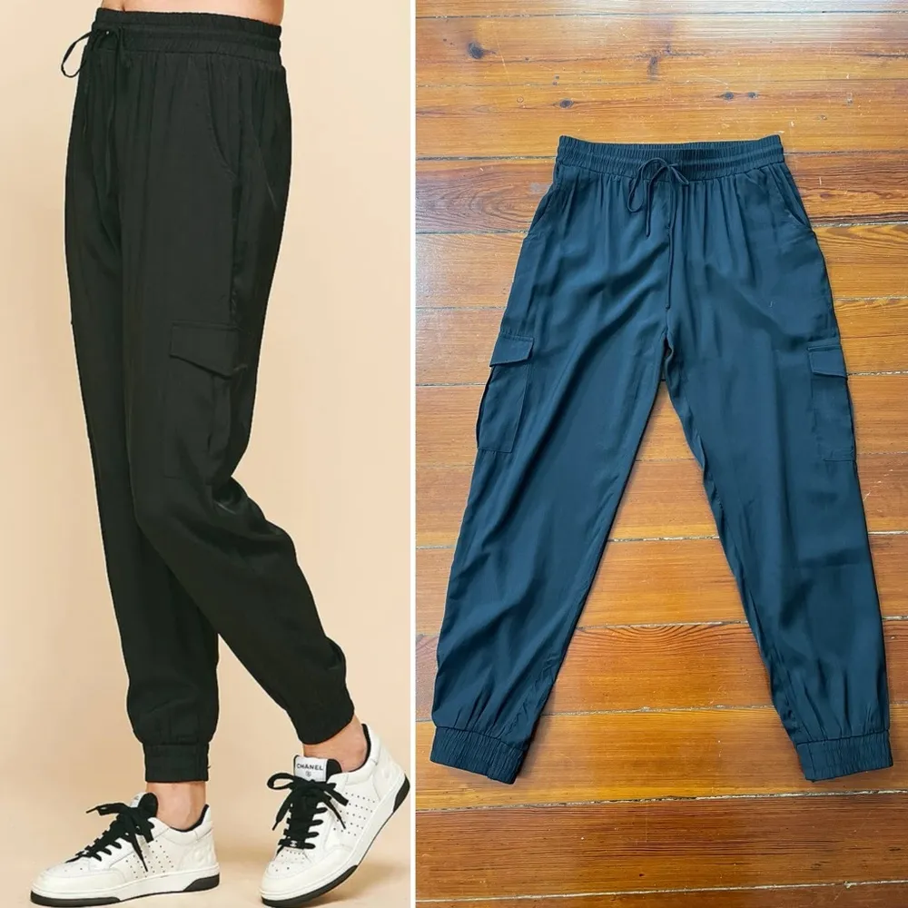 Pinch Black Satin Cargo Jogger Pants - Image 3