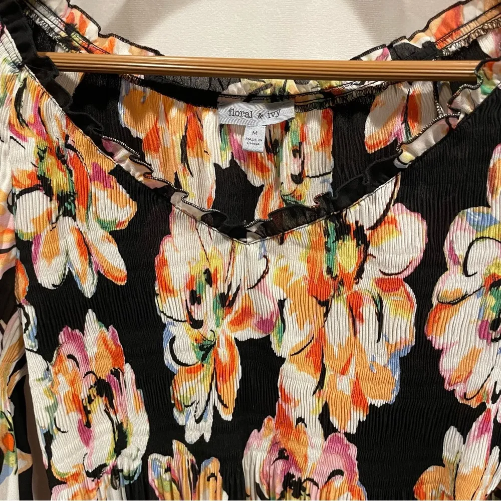 Floral & Ivy boho floral crinkle babydoll blouse ruffle collar flare sleeve Pink Size M - Image 4