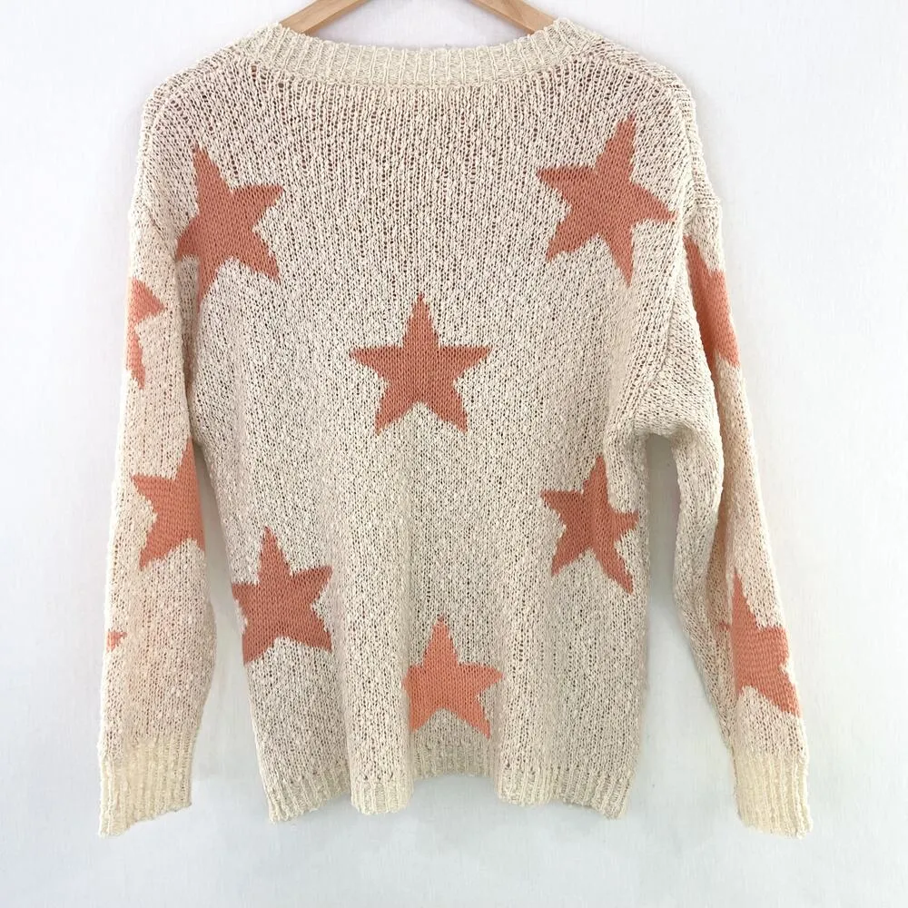 Boutique Women's Star Knit Pullover Sweater Cream Orange size Small - Image 5