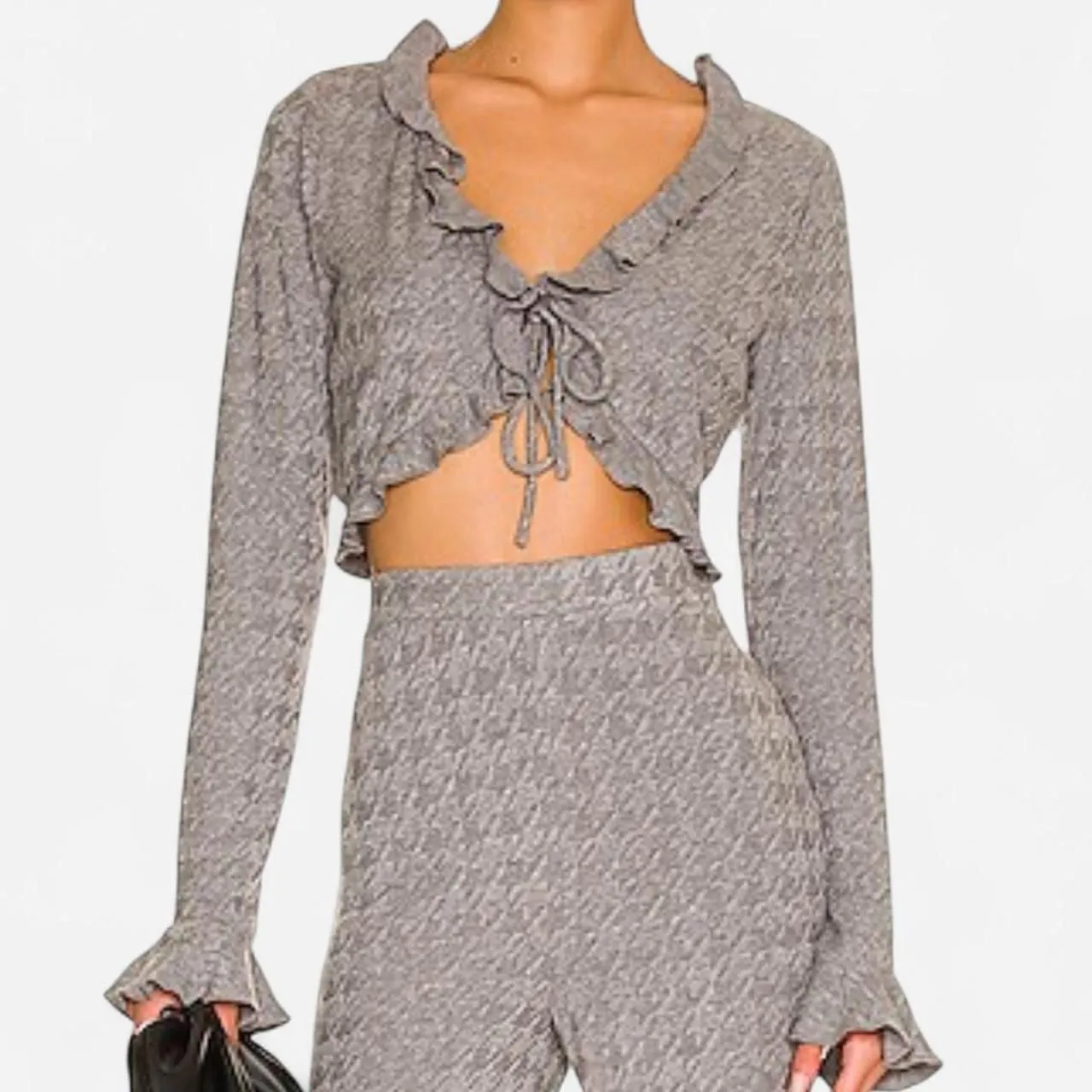 Majorelle Revolve Elena Heather Grey Knit Tie Front Cardigan Coquette Ruffle Top - Image 2