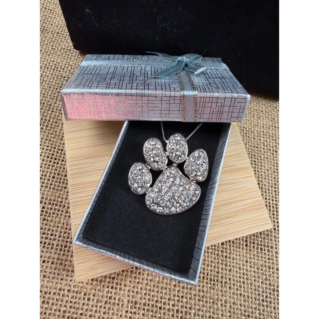 Crystal Paw Print Pendant Necklace Silver Chain Gift Box Included Size 18 - Image 2