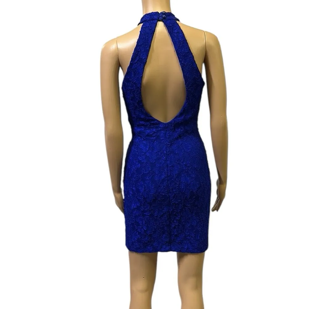 Fredericks Of Hollywood Blue Lace Overlay Sleeveless Sexy Open Back Mini Dress S - Image 3